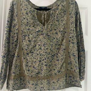 Lucky Brand Blue and Tan Tie Front Long Sleeve Blouse